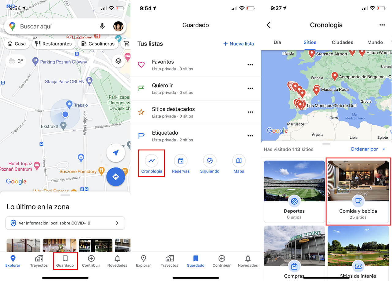 Como ver los lugares visitados en Google Maps (Restaurantes, etc.)